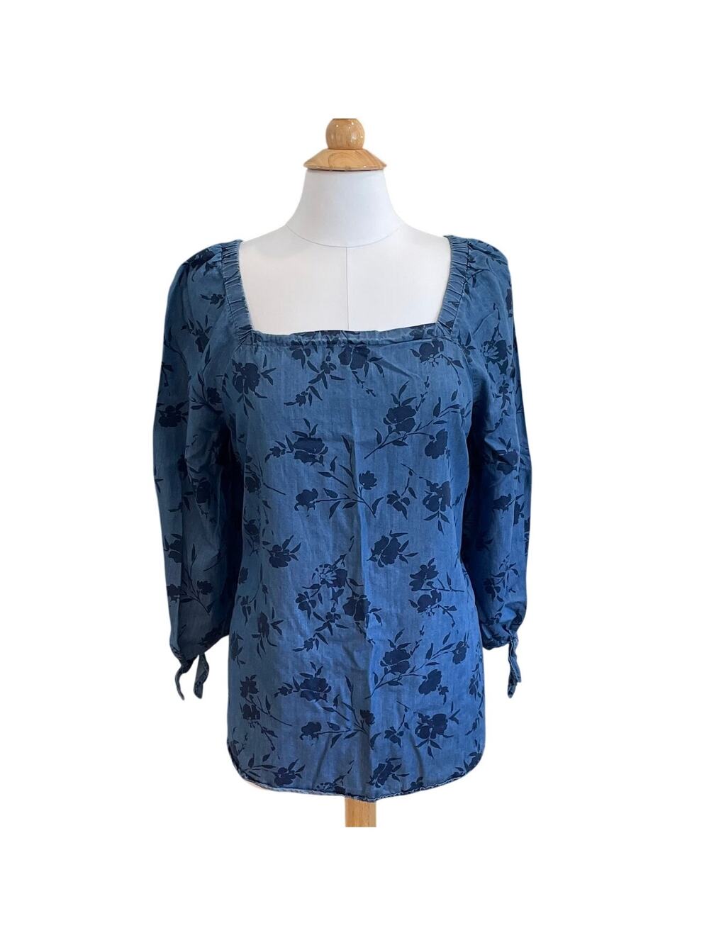 Liz Claiborne Cotton Blend 3/4 Tie Sleeve Floral Chambray Square Neck Top XL